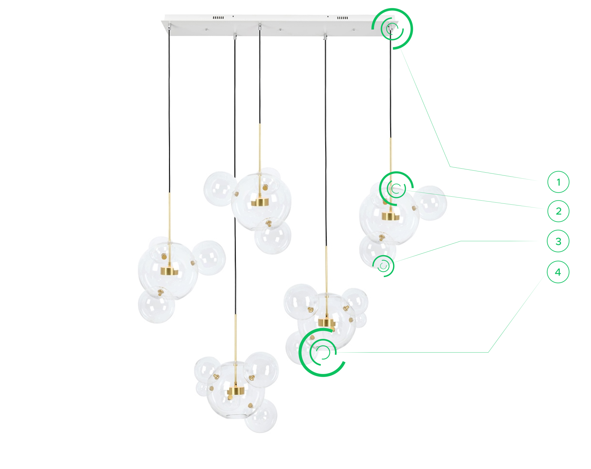 CAPRI LINE 5 gold pendant lamp - 300 LED, aluminum, glass